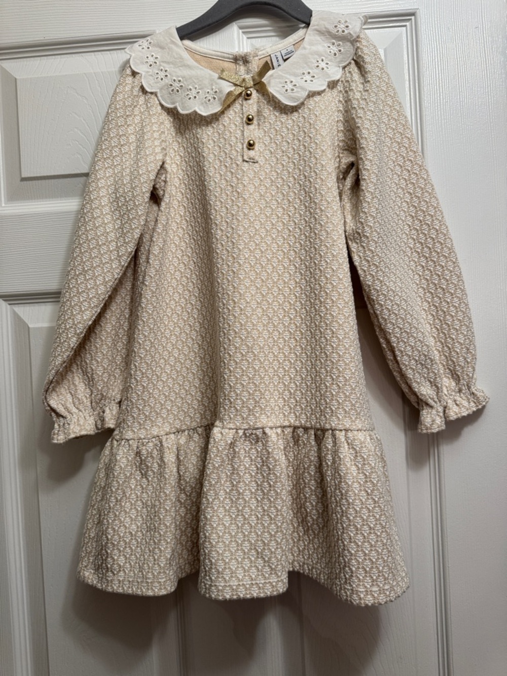 Janie and Jack Cream Eyelet-Collar Textured Long-Sleeve Dress